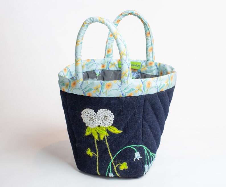 Project bag in black denim with clover and bluebell embroidery