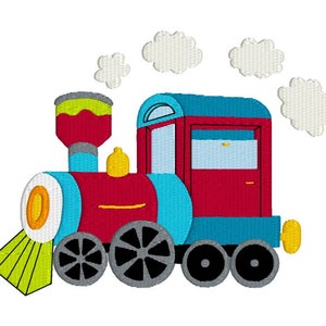 May include: A cartoon train engine with a red body, blue wheels, and a yellow chimney. The train is emitting puffs of white smoke.