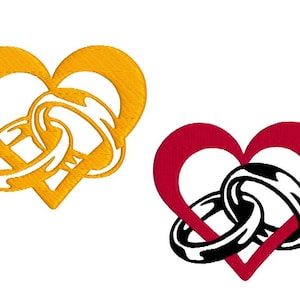 May include: Two gold wedding rings intertwined inside a yellow heart shape.