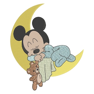 young mickey mouse sleeping on the moon machine embroidery design, 3 sizes instant download, design for kids, fill embroidery design