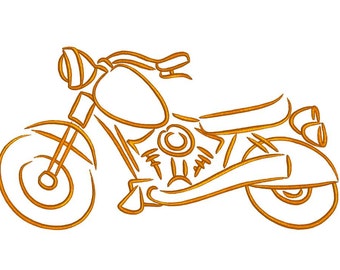 May include: A line drawing of a motorcycle in gold. The motorcycle has a large front wheel and a smaller back wheel. The motorcycle is facing to the right.