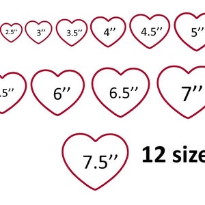 Puede incluir: Doce plantillas en forma de corazón de diferentes tamaños, que van desde 5 cm hasta 19 cm. Las plantillas están delineadas en rojo.
