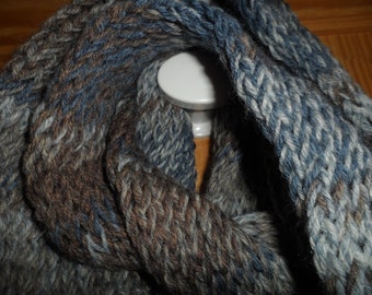 long tubular knit Kroy sock yarn warm scarf in greys and browns in 75% washable wool and  nylon