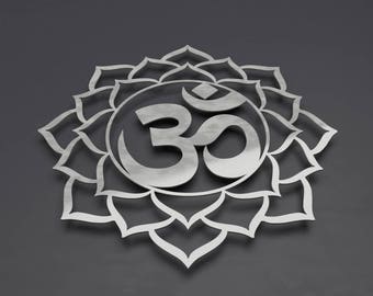 Om Sign Metal Wall Art Sculpture, Om Lotus Flower Mandala Metal Wall Art, Chakra Wall Decor, Yoga Wall Art, Silver Wall Art, Brushed Metal