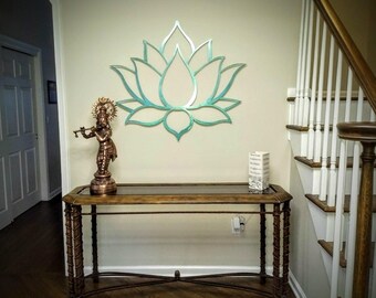 Lotus Flower Metal Wall Art Sculpture, Brushed Metal w/ Serenity Teal - Spiritual Wall Decor for the Modern Home, Yoga Studio or Meditation