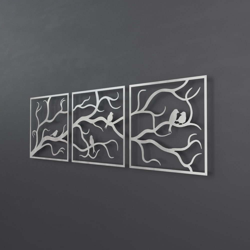 Tree Branches w/ Birds Outdoor Metal Wall Art, 3 Piece Multi Panel Art