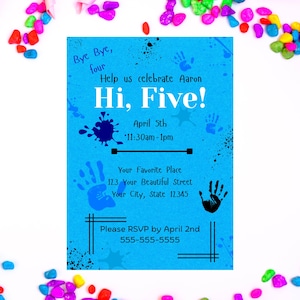 Invitación para fiesta de cumpleaños "Hi Five", plantilla editable de Canva (descarga digital)