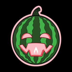 May include: A green watermelon with a pink smiling face and a flame in the center of the mouth. The watermelon is outlined in pink.