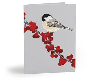 Chickadee Red Berries Holiday 4.25 x 5.5 inch Greeting Card Set