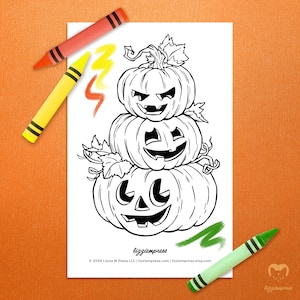 May include: A black and white printable colouring page featuring a stack of three jack-o'-lantern pumpkins with different facial expressions. The pumpkins are stacked on top of each other, with the largest pumpkin at the bottom and the smallest pumpkin at the top. The pumpkins are surrounded by leaves and vines.