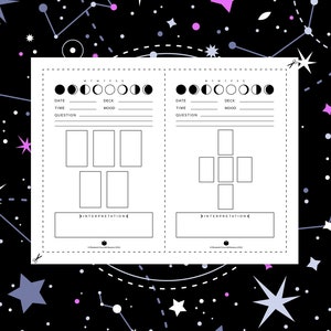 Diario de Tarot imprimible Registro de fase lunar de cinco cartas de una sola página