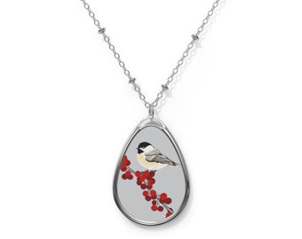 Chickadee Red Berries Illustration Oval Pendant Necklace