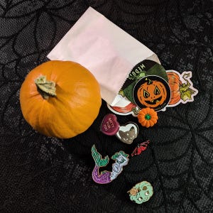 Mystery Bag Trick or Treat Surprise Sticker Grab Bag Halloween Collectable Enamel Pin Spooky Acrylic Charm Multiple Item Stationary Gift Bag