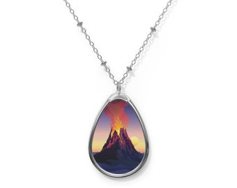 Volcano Illustration Oval Pendant Necklace