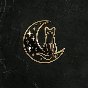 Crescent Moon Cat Enamel Pin High Polish Gold Black Cat Hard Enamel Brooch Celestial Aesthetic Gift for Cat Lover Glow in the Dark Lapel Pin