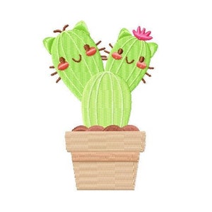May include: A green cactus with a pink flower on top, in a brown pot. The cactus has a cute cartoon face with closed eyes and a smile.