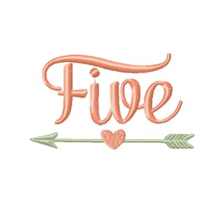 May include: A peach-colored cursive word "Five" with a green arrow and a peach-colored heart in the center.