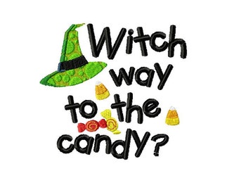 Witch way to the candy embroidery design, Halloween candy embroidery design, candy embroidery design, witch embroidery design, witch hat