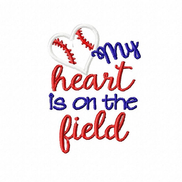 My heart is on the field baseball embroidery design, baseball heart embroidery design, baseball applique embroidery design