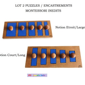 May include: Two Montessori puzzles made of wood with blue and brown accents. The top puzzle has the words "Notion Etroit/Large" and the bottom puzzle has the words "Notion Court/Long".