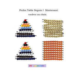 Op de afbeelding: Een set Montessori-parelstaafjes, inclusief een piramide van gekleurde kralen en twee rechthoekige frames van kralen. De kralen zijn gerangschikt in rijen en kolommen, waarbij elke rij een andere kleur bevat. De kralen zijn gemaakt van hout en zijn geregen aan draad. De set is gelabeld met "Perles Table Seguin I Montessori couleur au choix" en "ZG - jouets bois -."