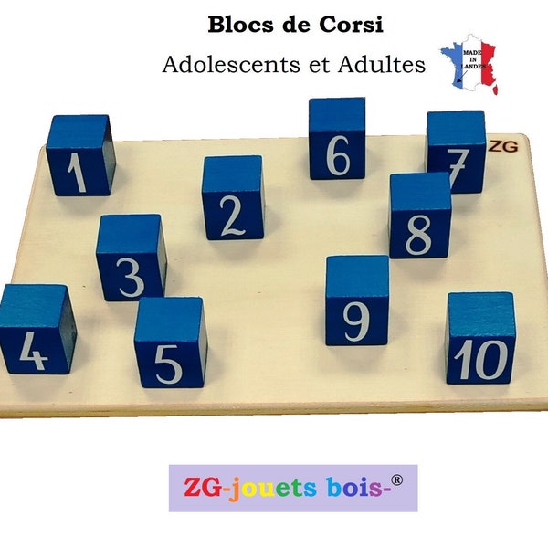 Blocs de Corsi 10 cubes, Corsi block-tapping test, matériel en bois test adultes et adolescents et 2 cartes de séquences réinscriptibles