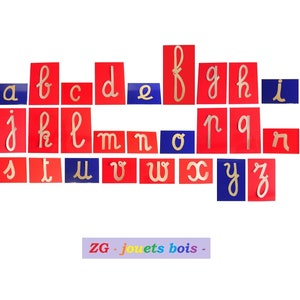 Letras toscas Montessori, CURSIVA MINÚSCULAS, en kit o listas para usar, color a elección, caja para guardar, madera, hechas a mano.
