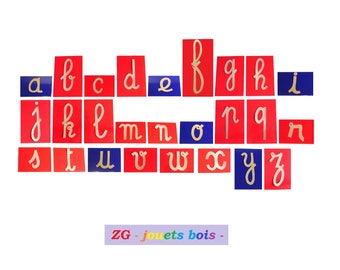 Rough Montessori letters, LOWER CURSIVE, in kit or ready to use, color of your choice, storage box, wood, handmade.