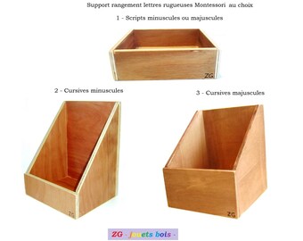 May include: Three wooden boxes for storing Montessori letter tiles. The boxes are made of natural wood and have a light brown finish. The boxes are labeled with the text "Scripts minuscules ou majuscules", "Cursives minuscules", and "Cursives majuscules".