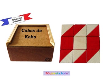 9 Cubes de Kohs, bois, blanc et rouge, haut de gamme, peint à la main, boite, test neuropsychologie, test qi, made in france, wais, wisc