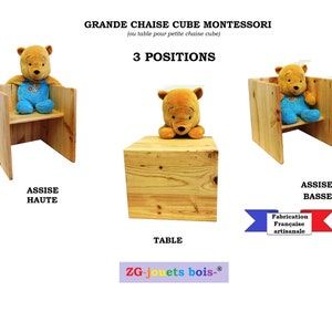 Montessori cube table or large evolving wooden chair, 3 in 1, two seat heights, baby furniture, customizable inscription