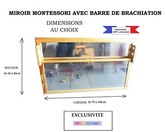 Miroir Montessori Horizontal incassable Nido, pour bébé, sur mesure, bois, incassable, barre traction réglable, motricité, aide à la marche