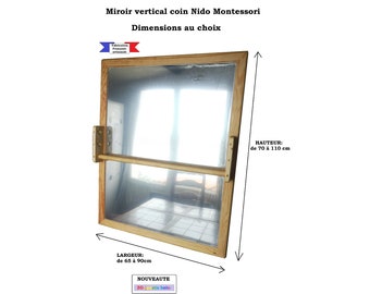 Vertical mirror Nido Montessori, custom-made, unbreakable, baby room, adjustable brachiation bar, wood and acrylic, handmade in France