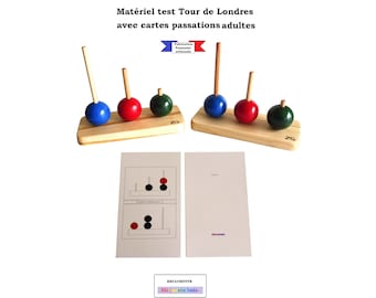 Test Adults Tower of London standards Shallice, psychomotricity, neurology test, stacking 3 balls, passes cards, handmade, wooden base