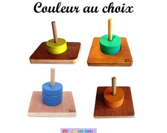 Embedding game, painted wooden pucks, vertical rod, Montessori educational toy, same diameters, handcrafted product, personalized color.