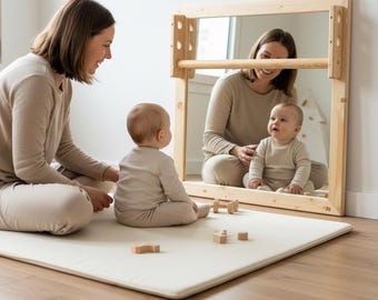 Miroir acrylique incassable Montessori pour bébé, bois, barre de traction réglable, 65x65 cm, faible encombrement, équilibre, aide marche
