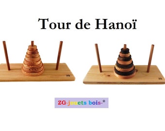 Tour de Hanoï artisanale, bois massif, couleur au choix, casse-tête, réflexion, jeu éducatif, logique, apprentissage, made in france