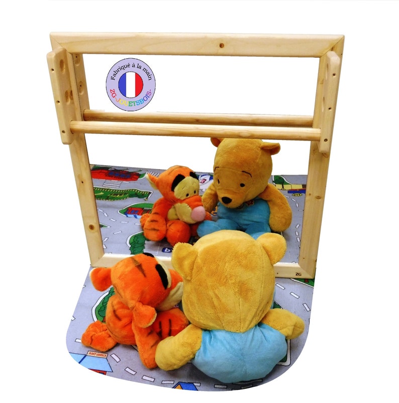 Miroir acrylique incassable Montessori pour bébé, bois, barre de traction réglable, 65x65 cm, faible encombrement, équilibre, aide marche Finition naturelle