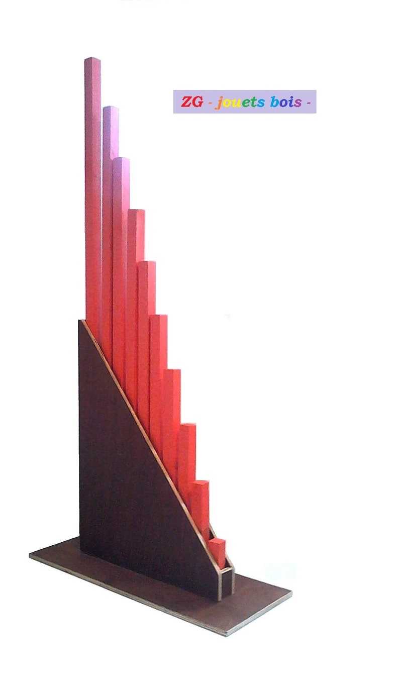 wood storage support visual and sensory discrimination of lengths Montessori red bars handmade wood and paint