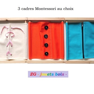 LOT 3 Montessori Dressing Frames, practical life, educational material, wood and colored fabric 100% cotton, accessory of your choice, handmade