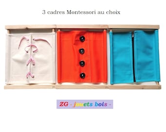 LOT 3 Cadres d'Habillage Montessori, vie pratique, matériel pédagogique, bois et tissu coloré 100% coton, accessoire au choix, fait main