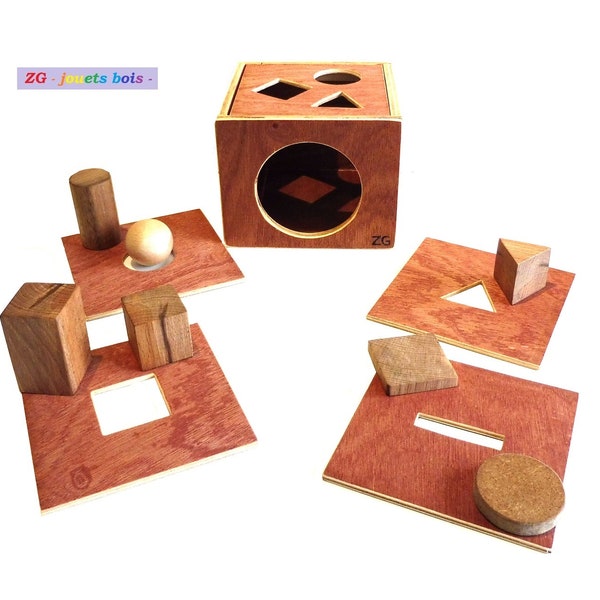 Boite notion de permanence de l'objet Montessori, boite imbucare, jeu d'éveil NIDO en bois, évolutive, 7 formes 5 plaques, produit artisanal