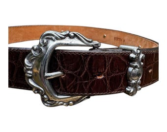 Vtg Brighton Brn Embossed Leather Belt Ornate Silver-Tone Buckle & Accents Sz M