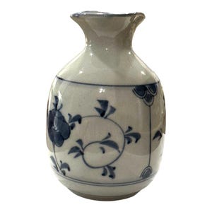 Vintage Hand-Painted Cobalt Blue & White Floral Porcelain Sake Bottle Bud Vase