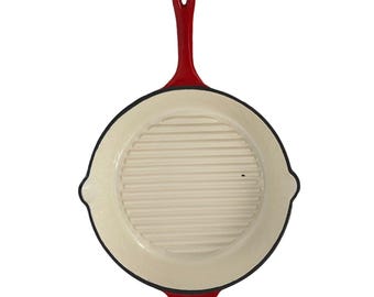 Sartén redonda de hierro fundido esmaltado con doble pico vertedor, color rojo crema escarlata