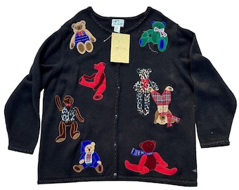 Sweter Quaker Factory Playfull Teddy Bears Vintage Black 2X NWT QVC