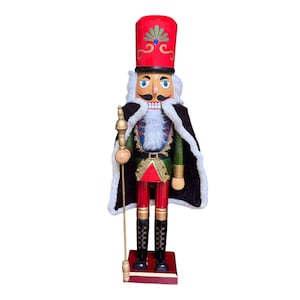Lg Wooden Nutcracker King Staff & Cape Festive Holiday Decor Red Green Black 24&quot;