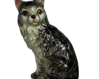 Figura vintage de gato de cerámica gris y blanca de 11,4 cm (4,5 pulgadas), fabricada en Japón por MCM Nippon Yoko Boeki.