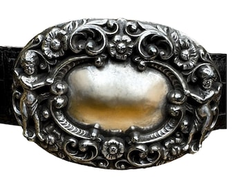 Vtg Brighton Black Leather Belt w/Ornate Silver-Tone Buckle Cherubs Floral Sz S