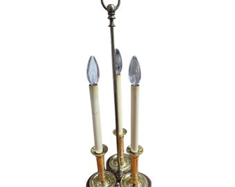 Vtg Three-Light Brass Bouillotte 3-Way French Table Lamp Wood Base Feet No Shade
